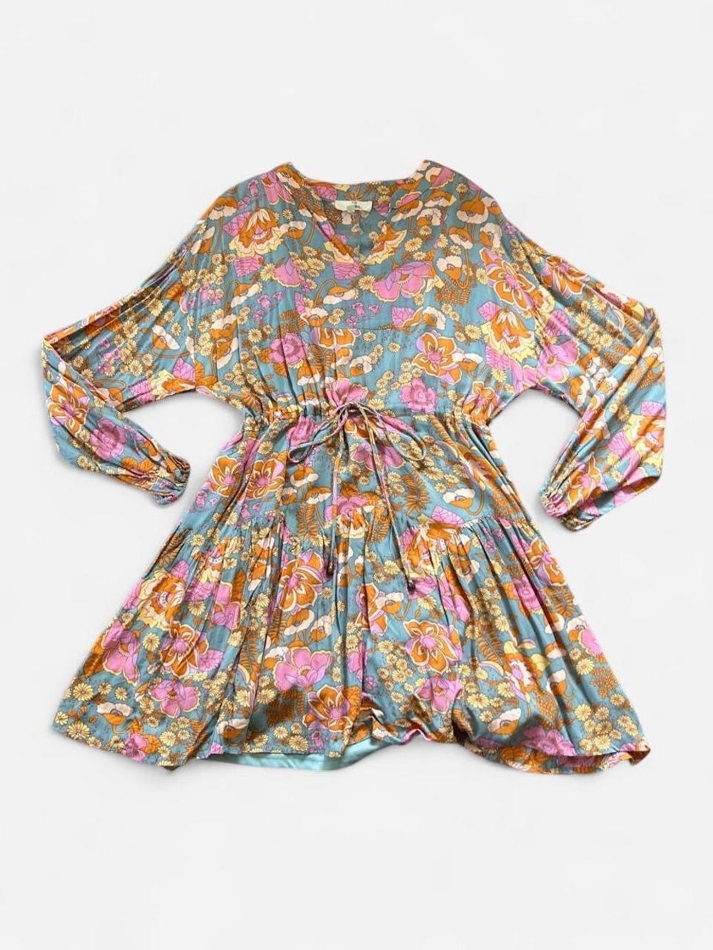 Floral hippie/ boho long sleeve tunic dress with tie waist colorful